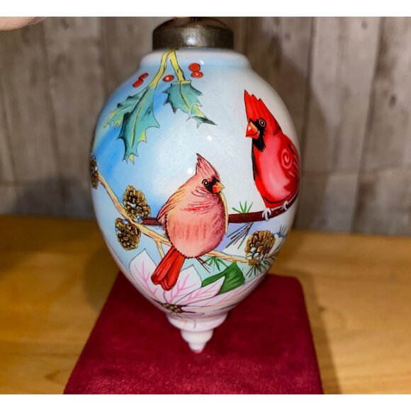 Bent Brush Art Signed Hand-Painted Cardinal Poinsettia Glass Christmas Ornament - Picture 5 of 10